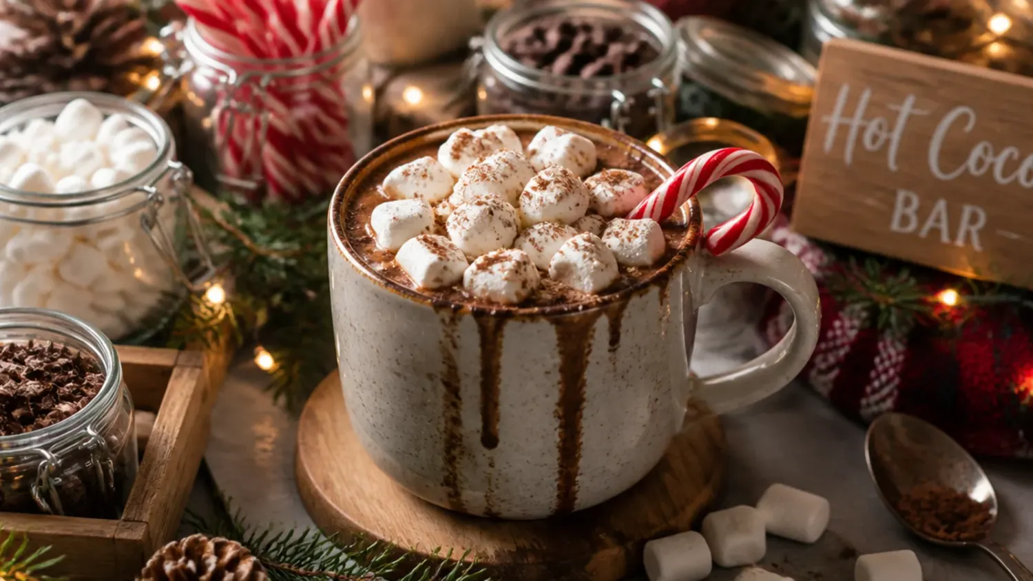 A wooden table set up as a hot cocoa bar with mugs of hot chocolate, marshmallows, whipped cream and toppings in glass jars