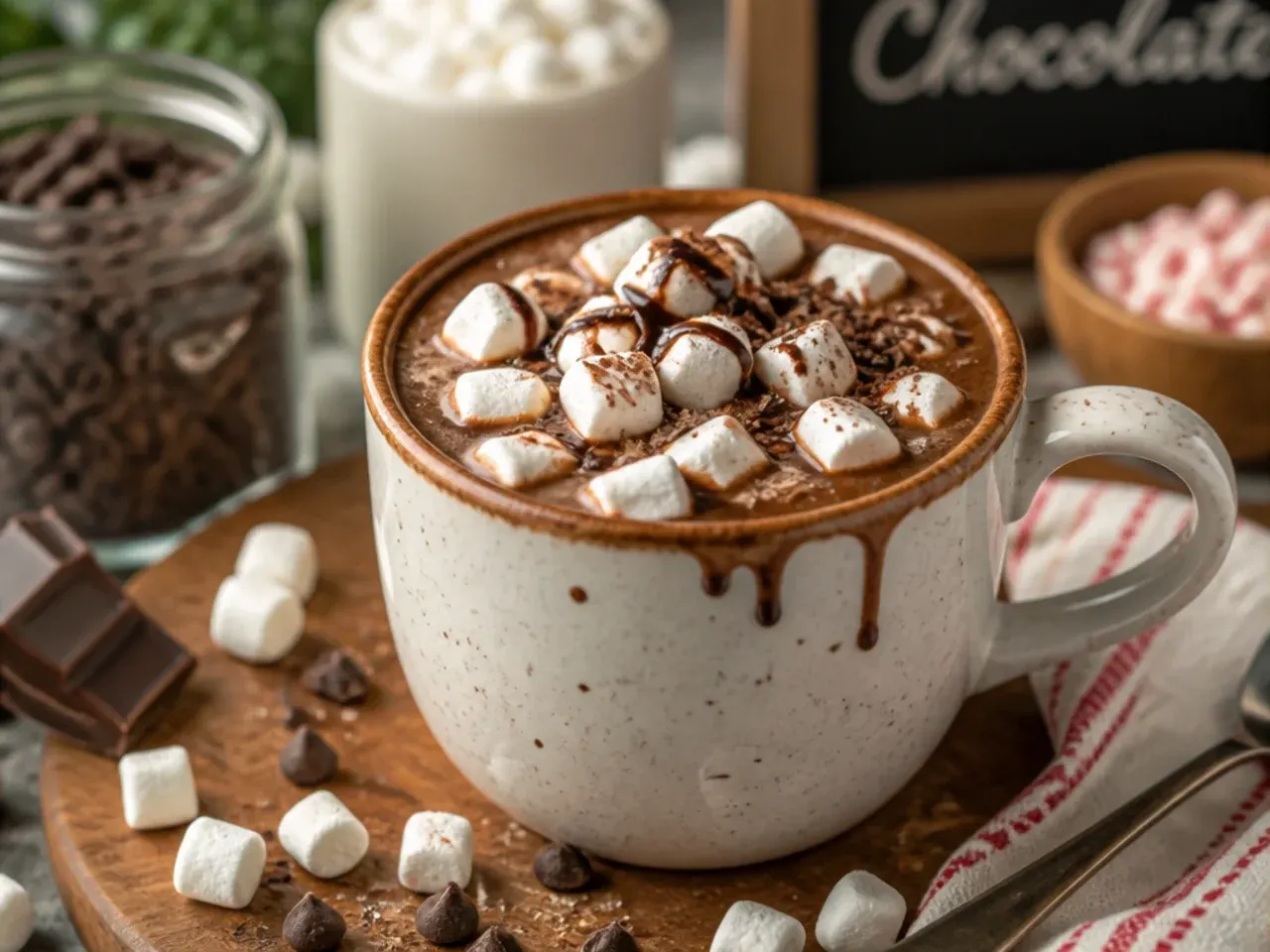 Overhead shot of a hot cocoa bar with a slow cooker of hot chocolate surrounded by topping bowls