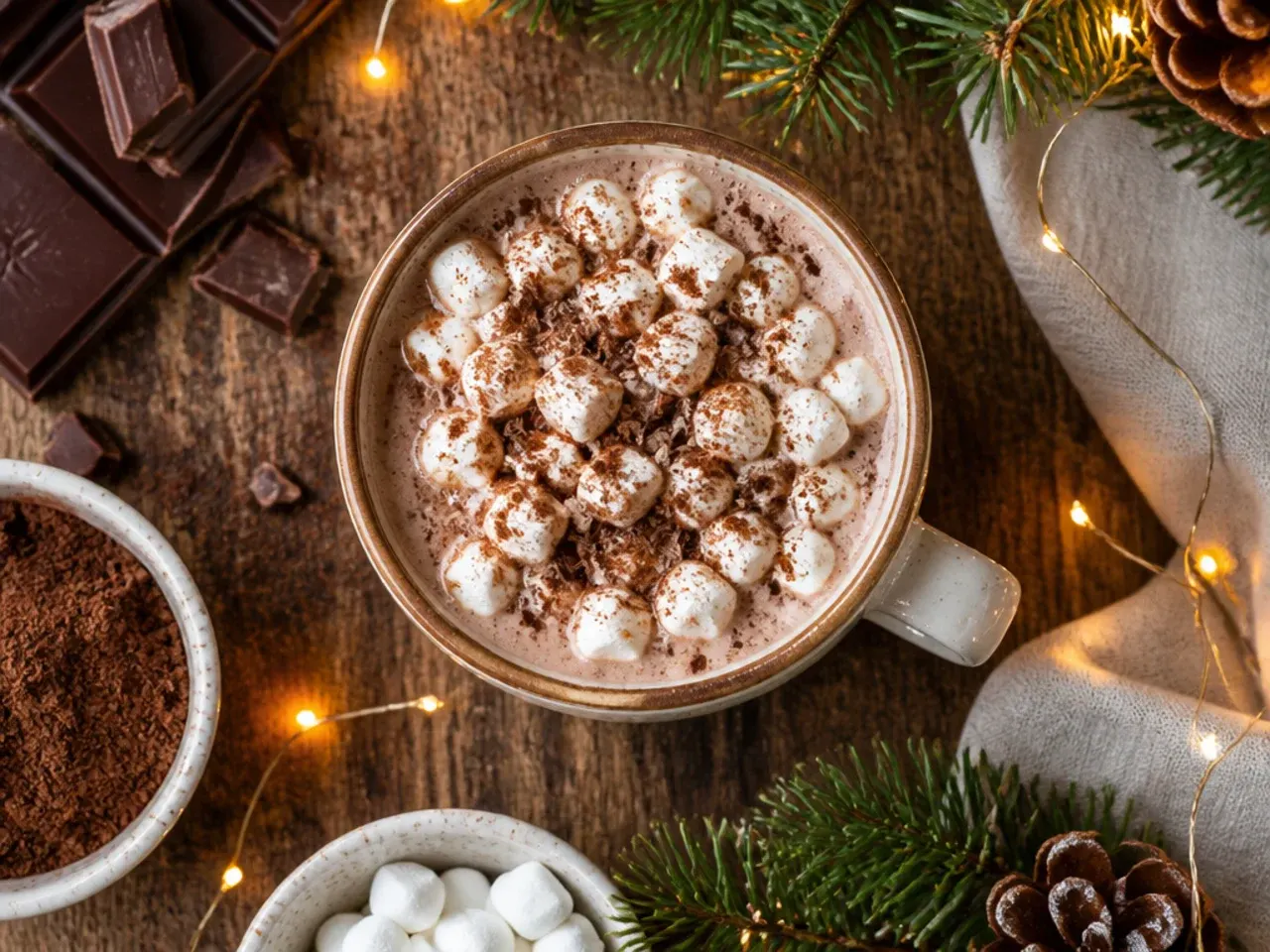 A steaming mug of classic hot cocoa topped with a swirl of whipped cream