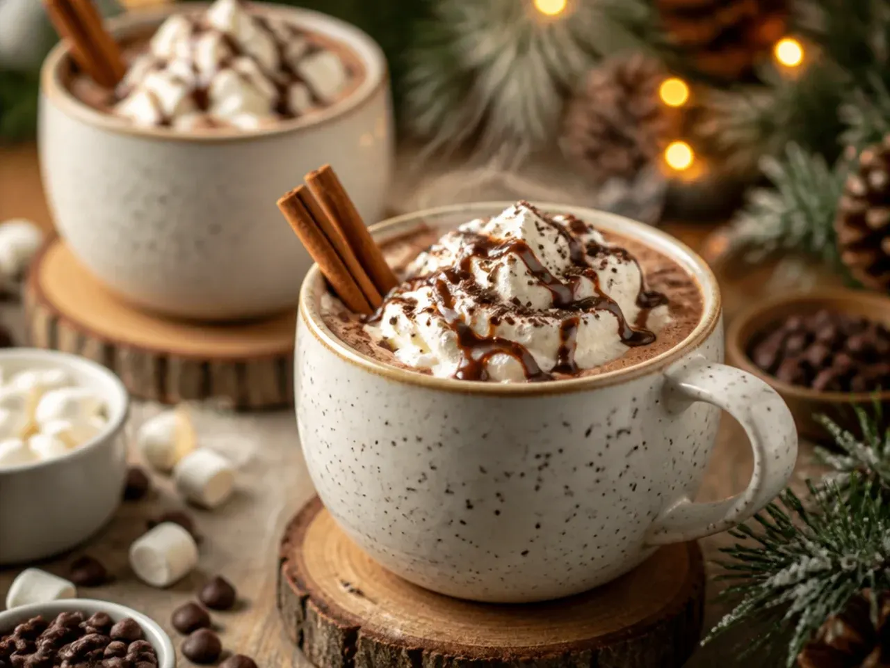 A single mug of hot cocoa being stirred with a small whisk
