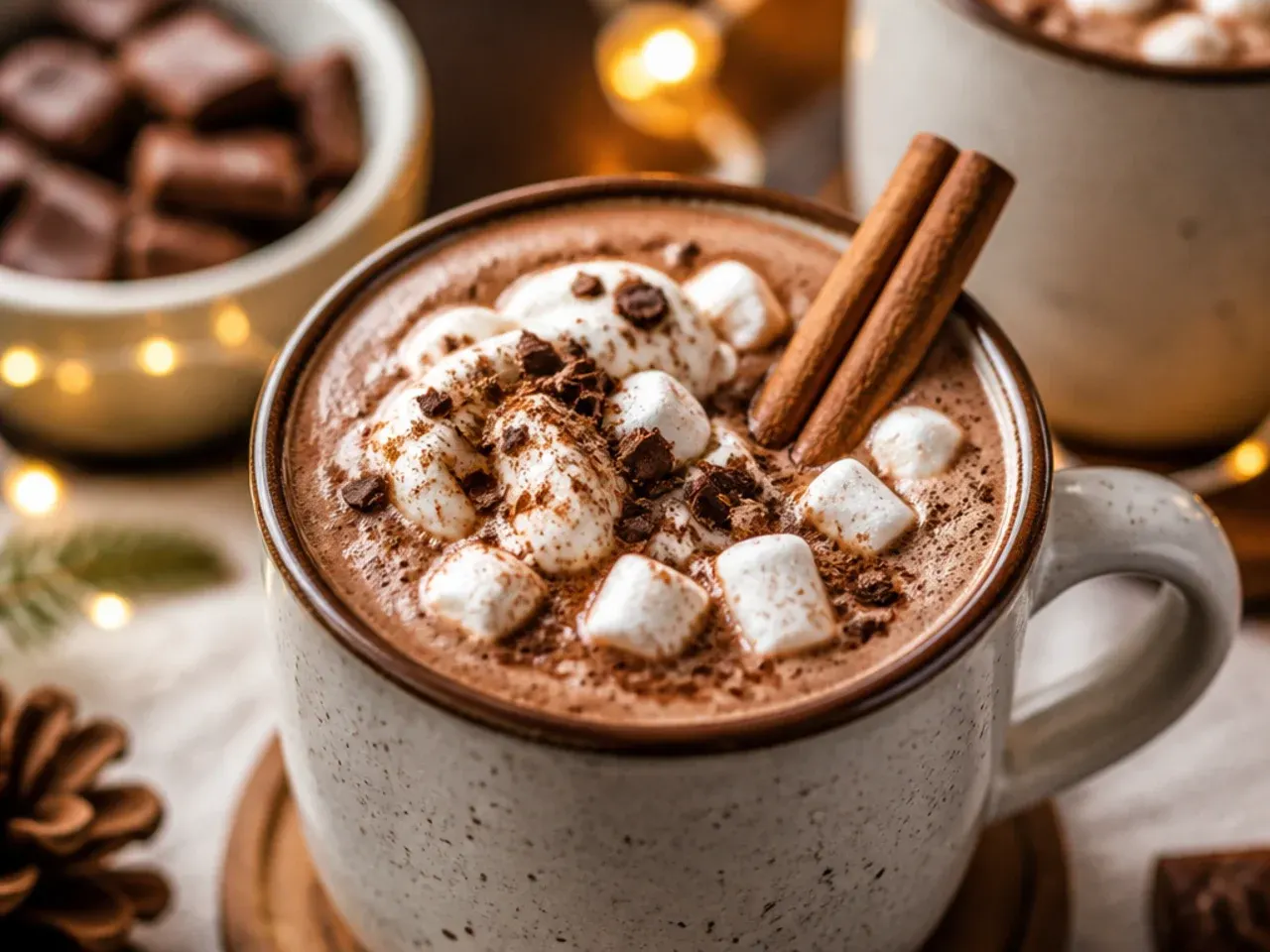 Mug of spiced hot cocoa with a cinnamon stick resting on top