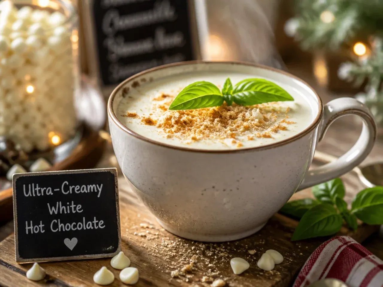 Pale creamy white hot chocolate in a clear glass mug