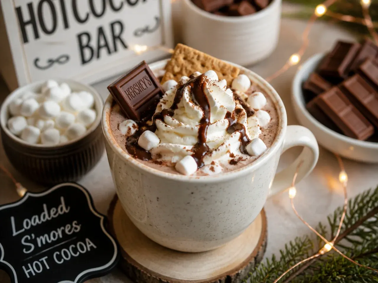 Mug of hot cocoa with toasted golden marshmallows and crushed biscuit on top