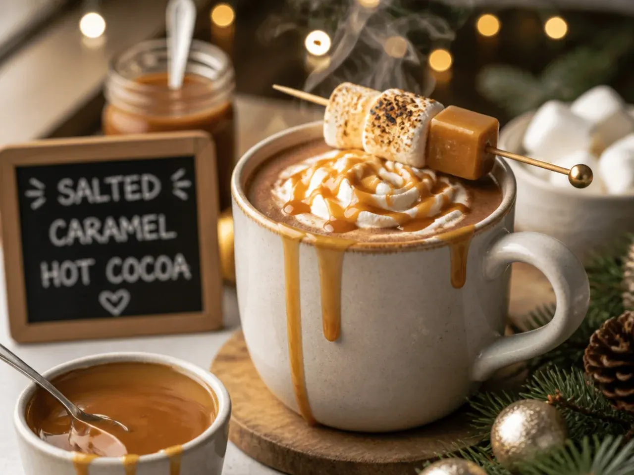 Hot cocoa with caramel drizzle and flaky salt on top of whipped cream