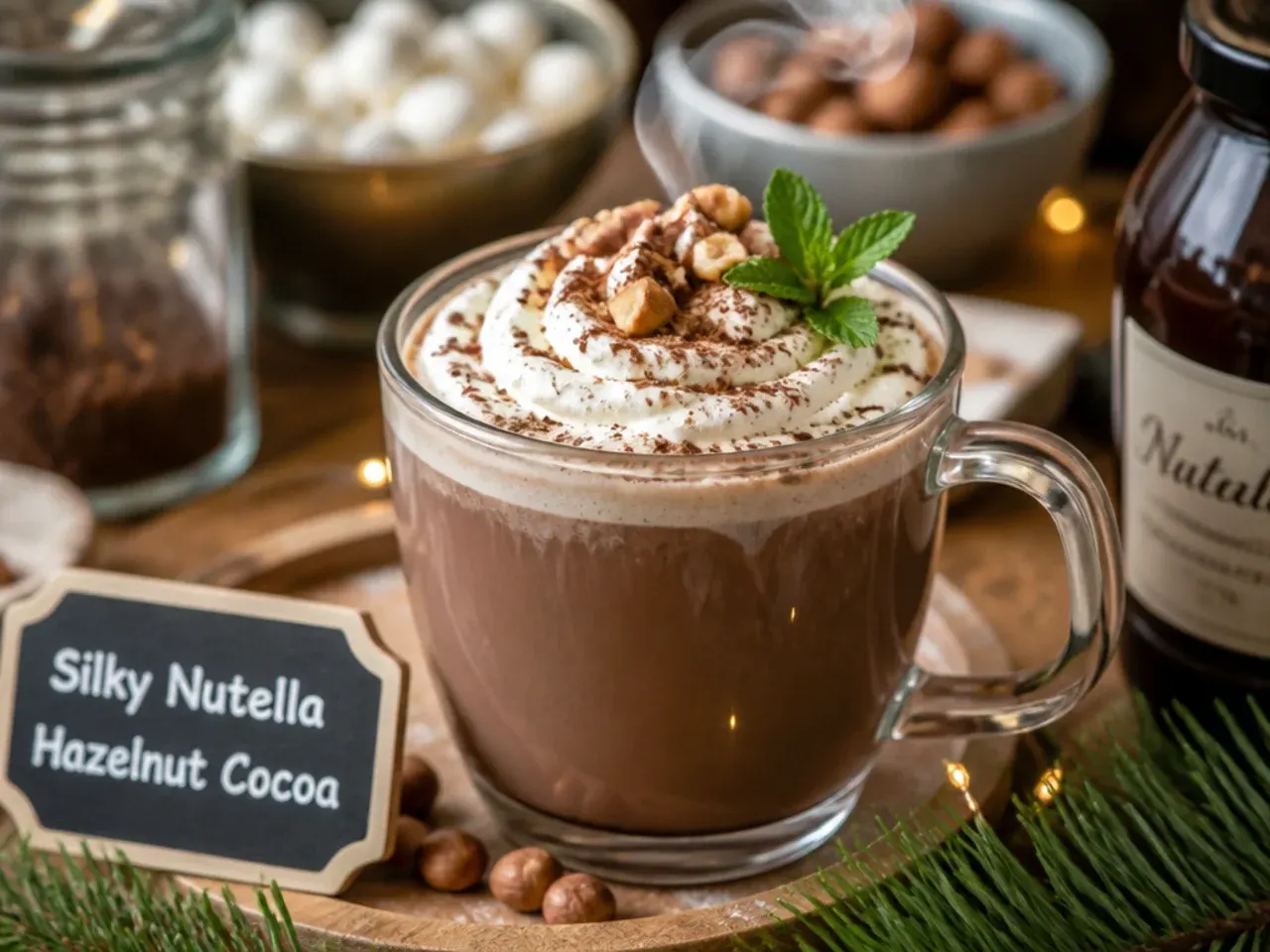 Hot cocoa mug with hazelnut spread swirled through whipped cream