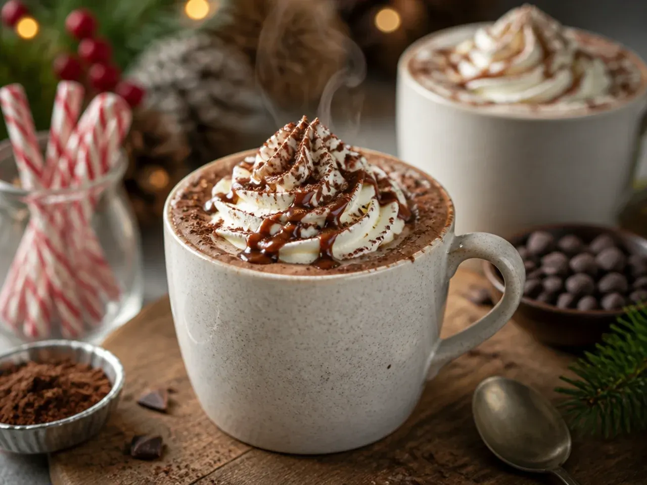 Mocha hot cocoa in a glass mug with visible dark coffee-chocolate layers
