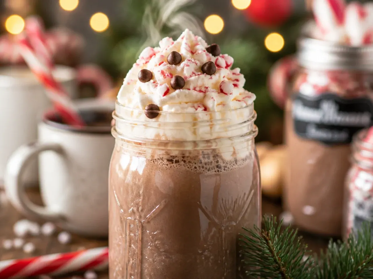 Small glass jars layered with cocoa mix, chocolate chips and marshmallows