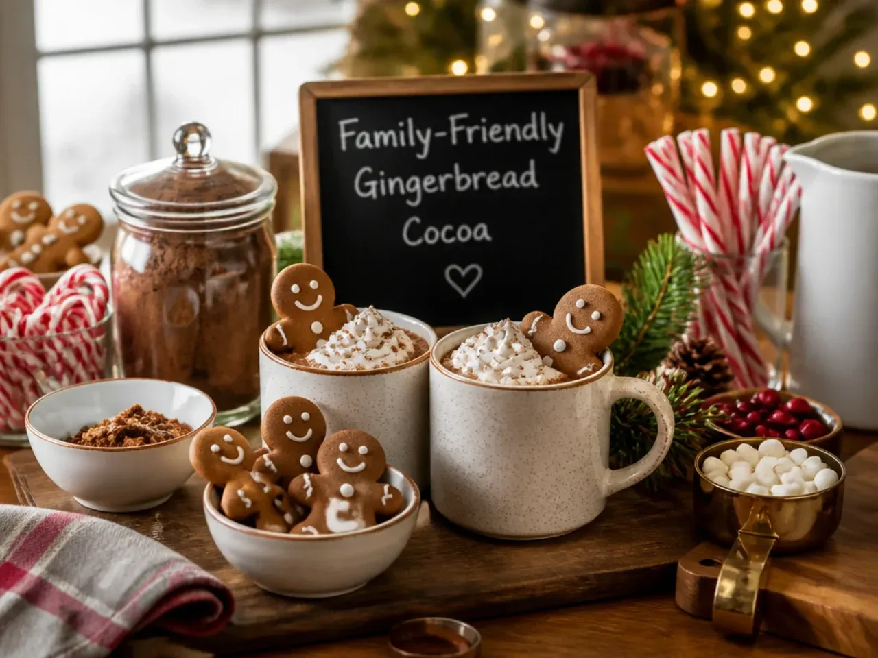 Hot cocoa topped with whipped cream and a crumbled gingerbread biscuit