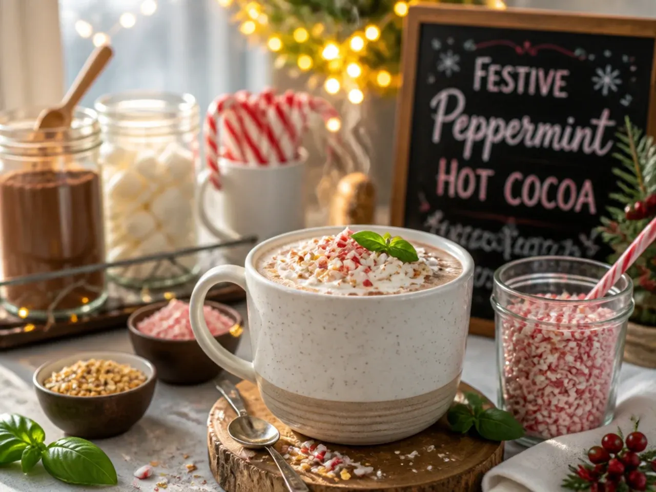 Hot cocoa mug rimmed with crushed candy cane and a whole candy cane as a stirrer