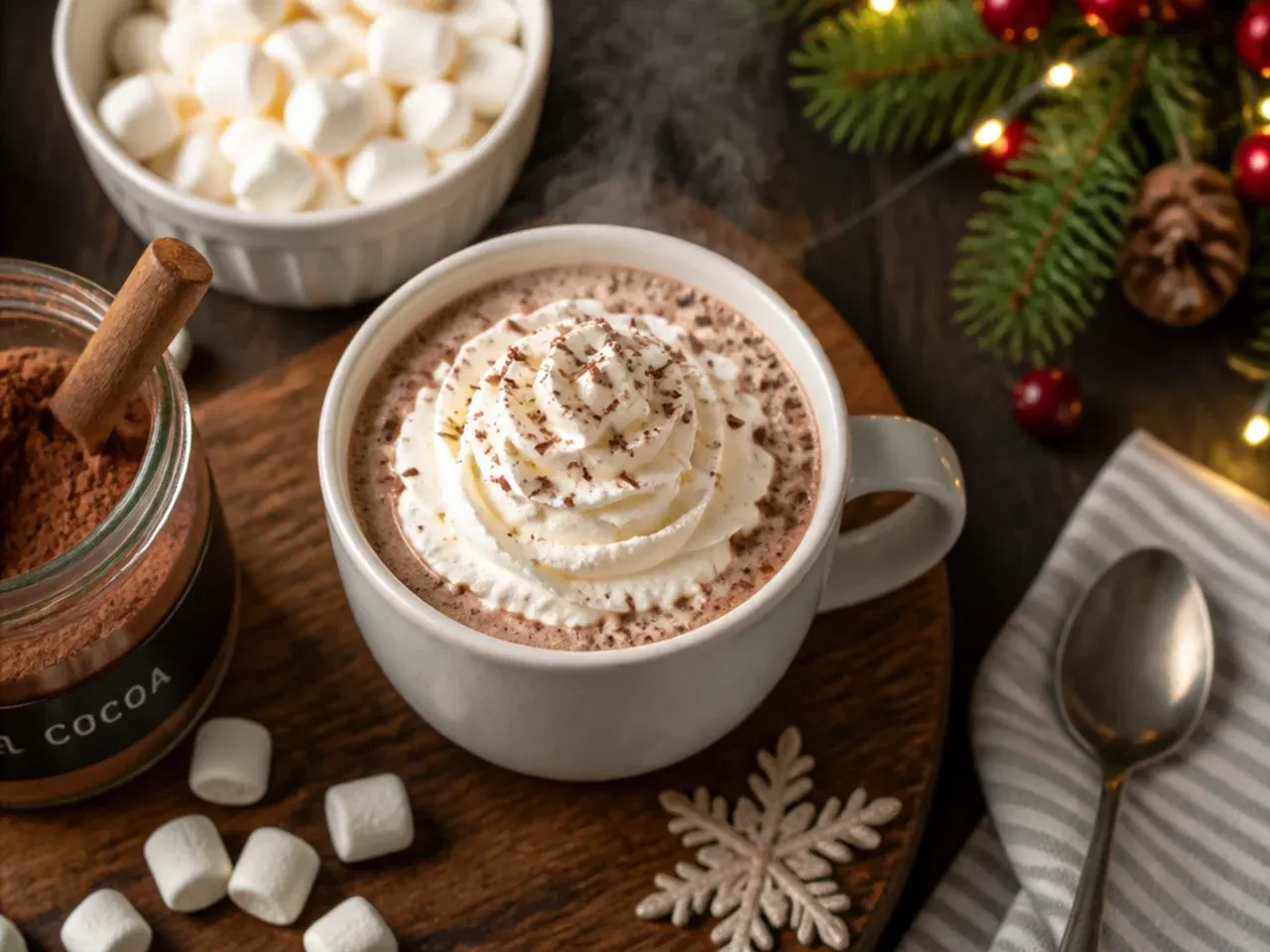 Mug of cocoa being removed from a microwave with steam rising
