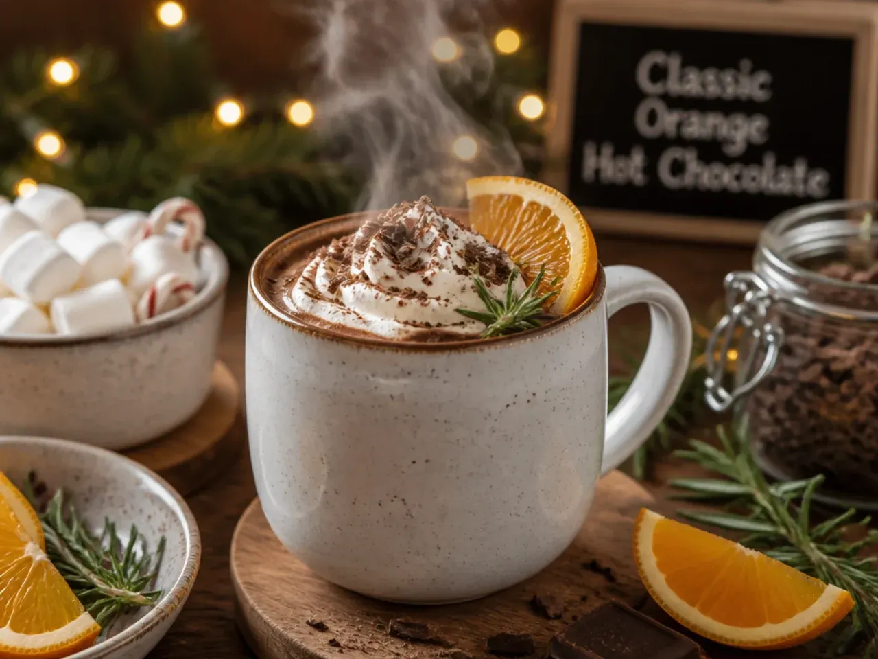 Hot chocolate mug garnished with a curl of orange zest