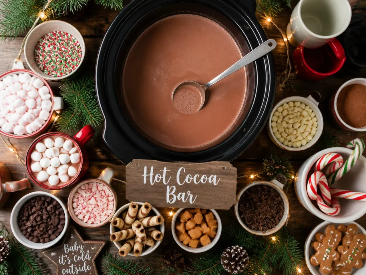 Slow cooker full of hot cocoa with a ladle resting inside