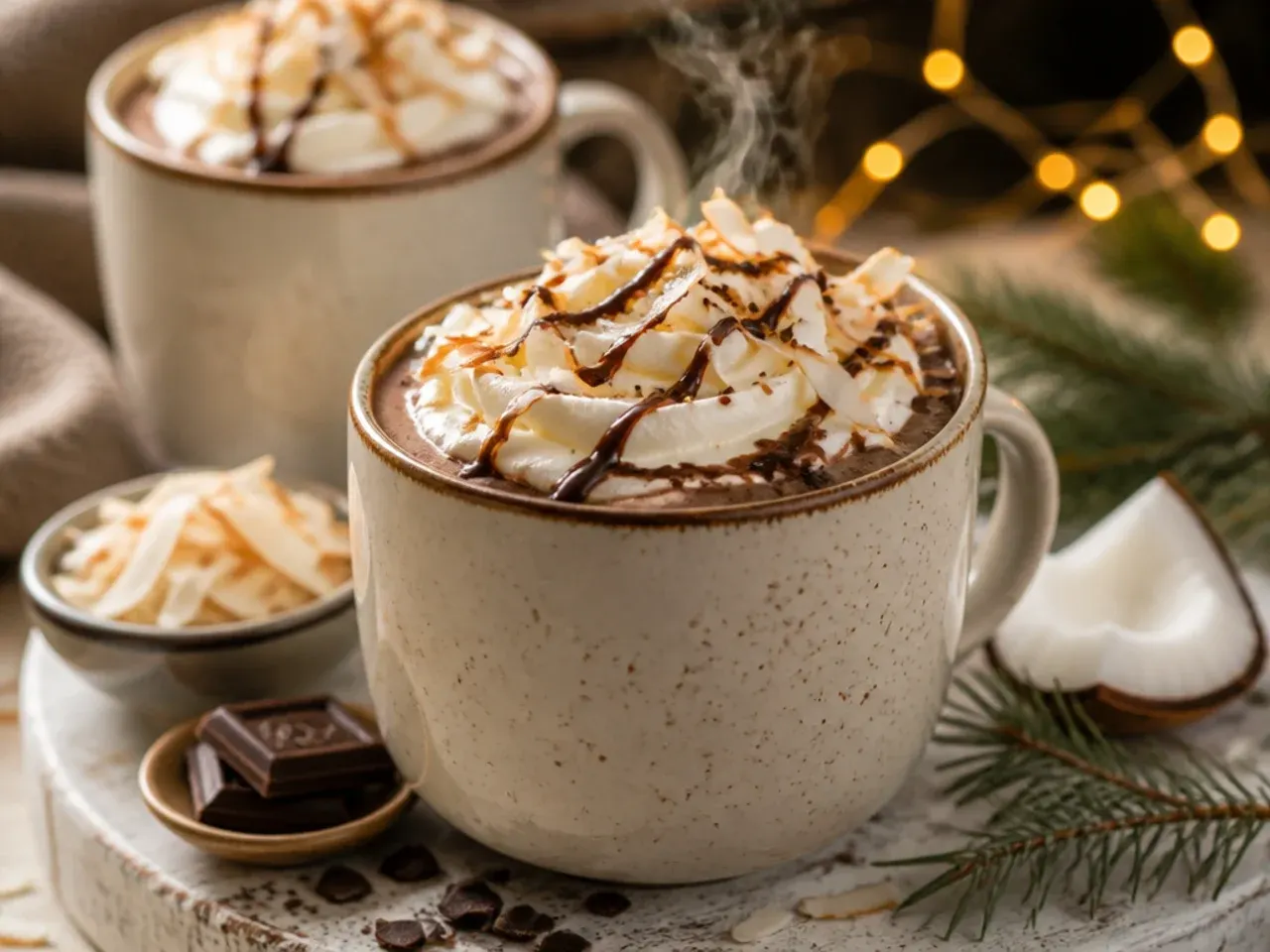 Hot cocoa topped with toasted coconut flakes