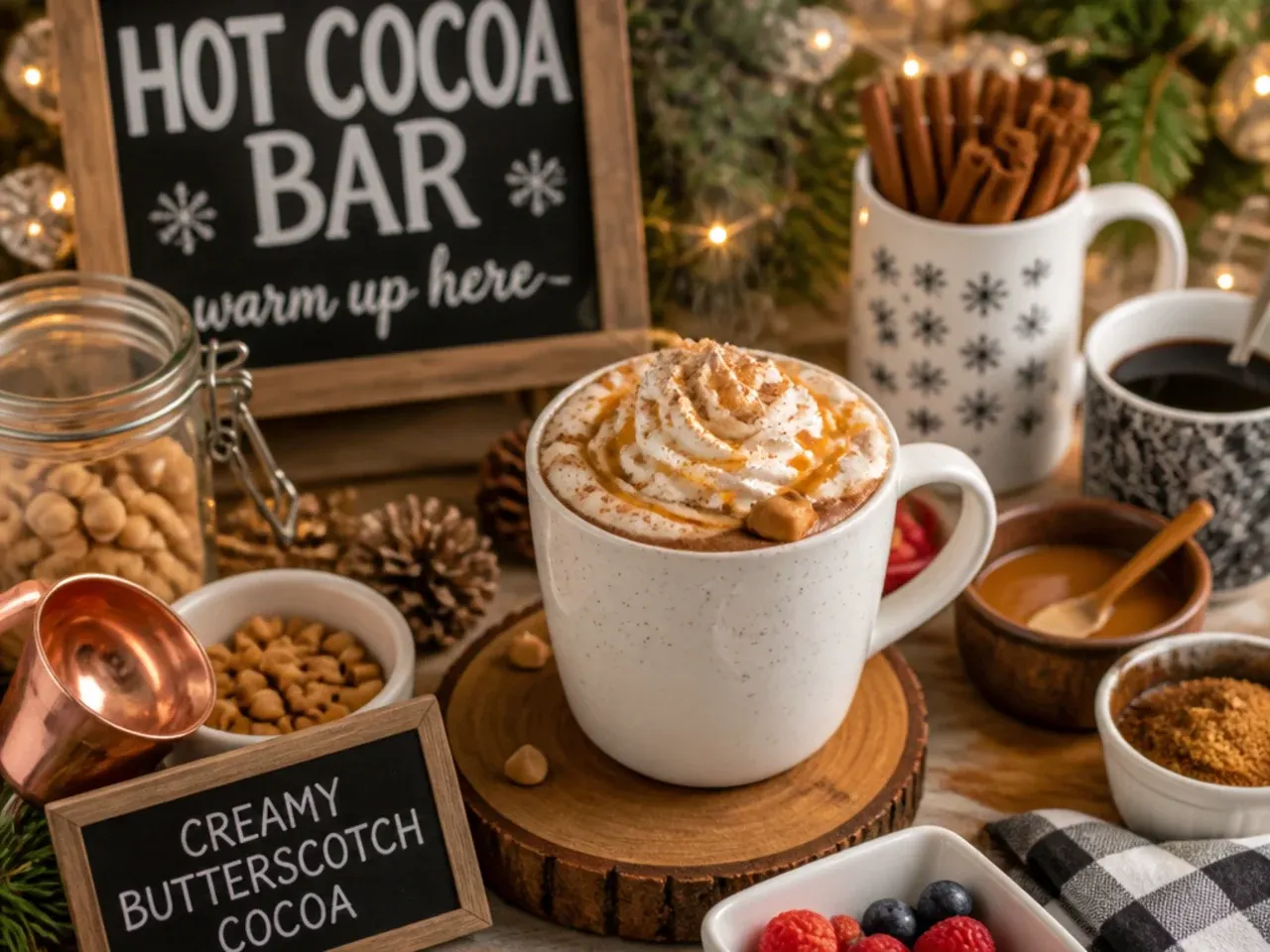Hot cocoa mug drizzled with butterscotch sauce and toffee pieces on top