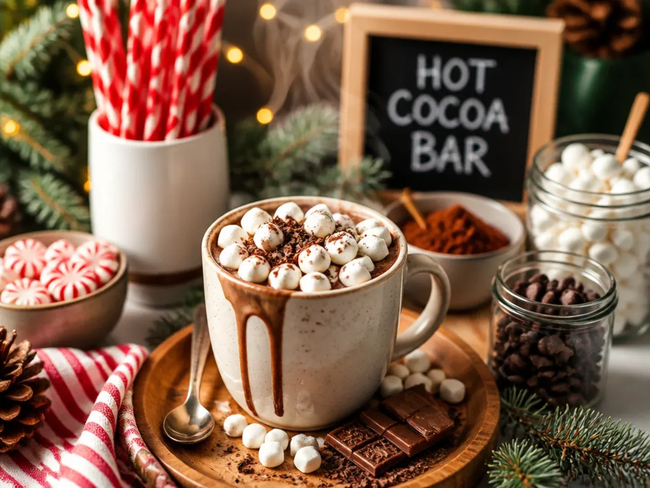 Rows of small bowls filled with hot cocoa toppings including marshmallows and sprinkles