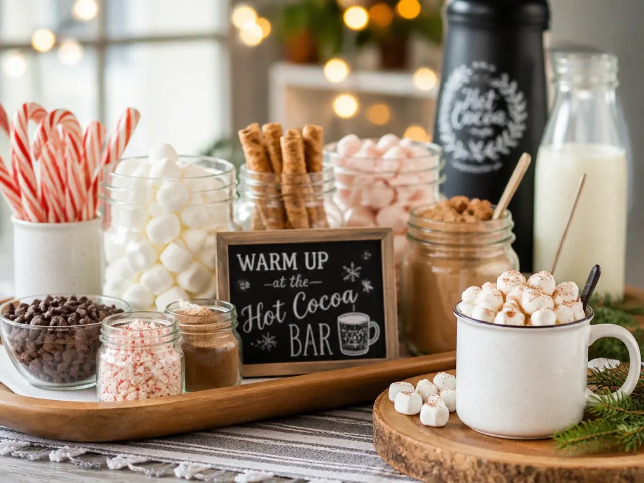 Labelled jars of cocoa mix and a container of cooled hot cocoa ready for the fridge