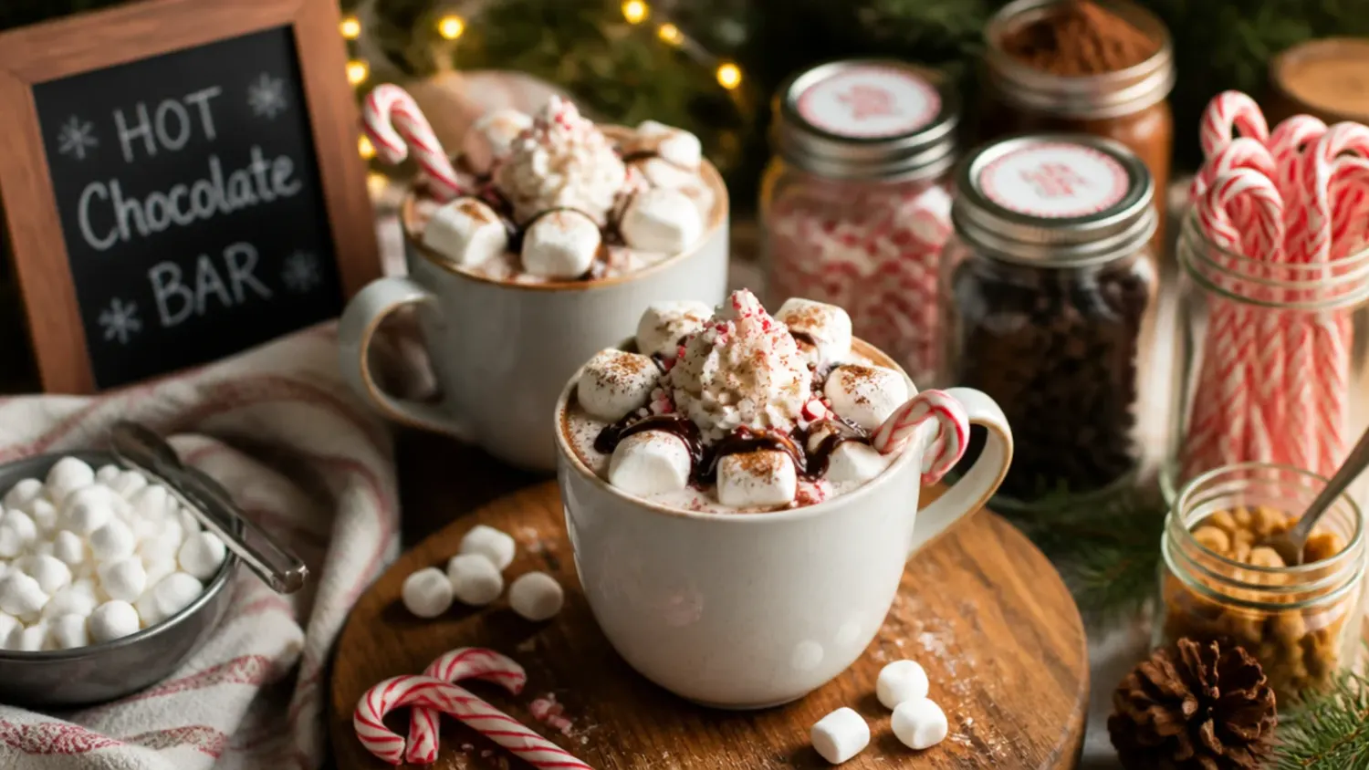 A hot cocoa bar party spread with a pot of steaming cocoa, mugs, whipped cream, marshmallows and toppings in small bowls