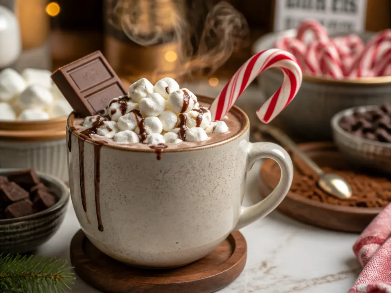 Overhead shot of a hot cocoa bar party table with mugs, a pot of cocoa and topping bowls