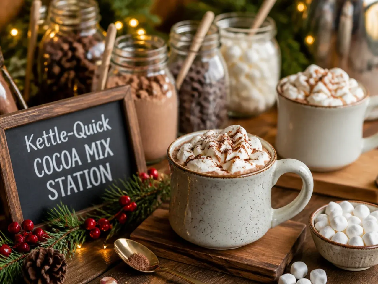 Jars of hot cocoa mix next to a kettle and empty mugs for a self-serve station