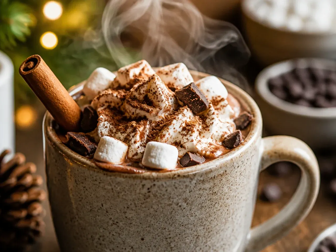 Cinnamon sticks and orange peel steeping in a pan of milk for spiced hot cocoa