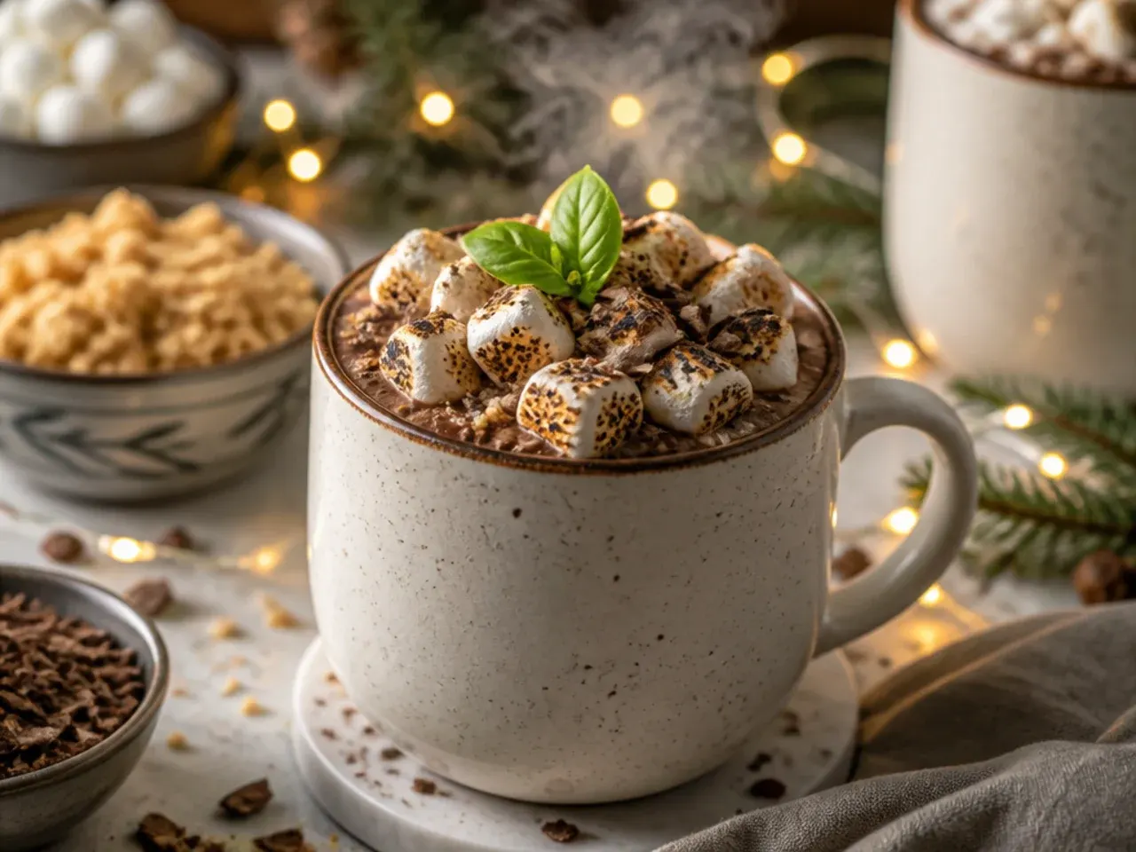 A thick, creamy hot cocoa being poured with visible richness and steam