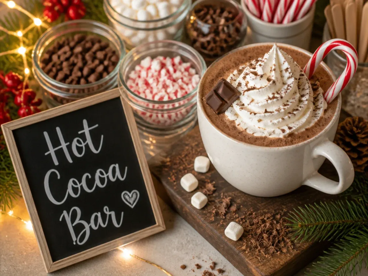 A loaded hot cocoa bar with bowls of marshmallows, crushed biscuits and chocolate shavings