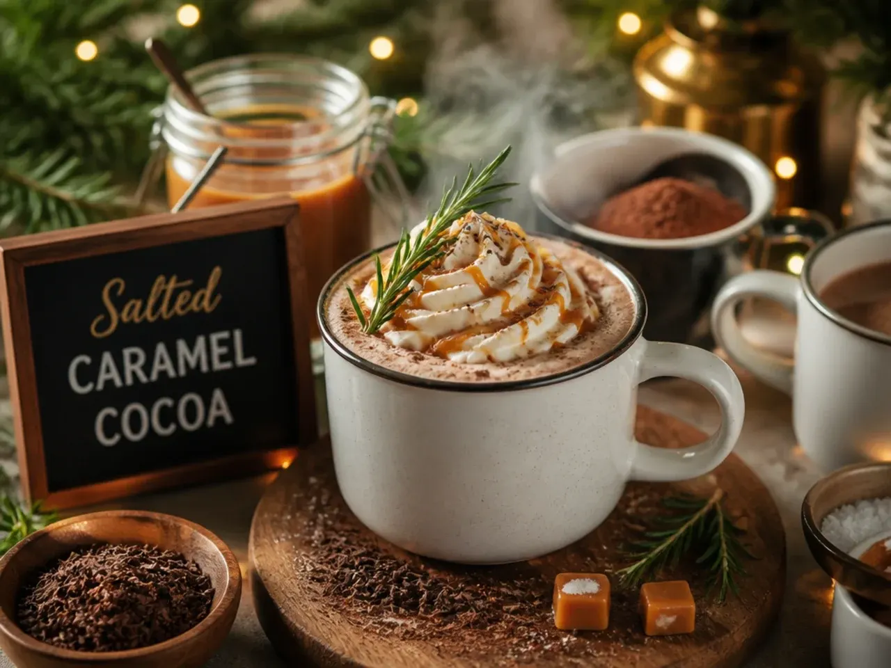 Hot cocoa topped with whipped cream, caramel drizzle and a pinch of sea salt