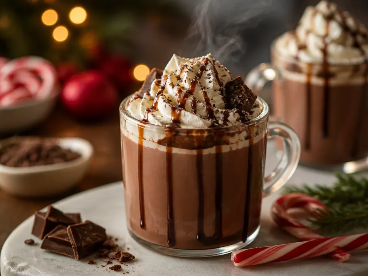 A slow cooker filled with hot cocoa on a party table, lid propped open with a ladle beside it