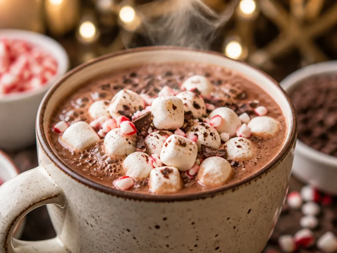 A jar of dark hot cocoa concentrate next to a mug being whisked with hot milk