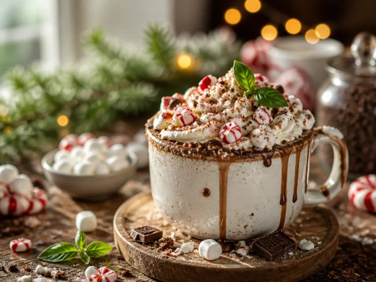 Hot cocoa topped with whipped cream and crushed candy cane pieces