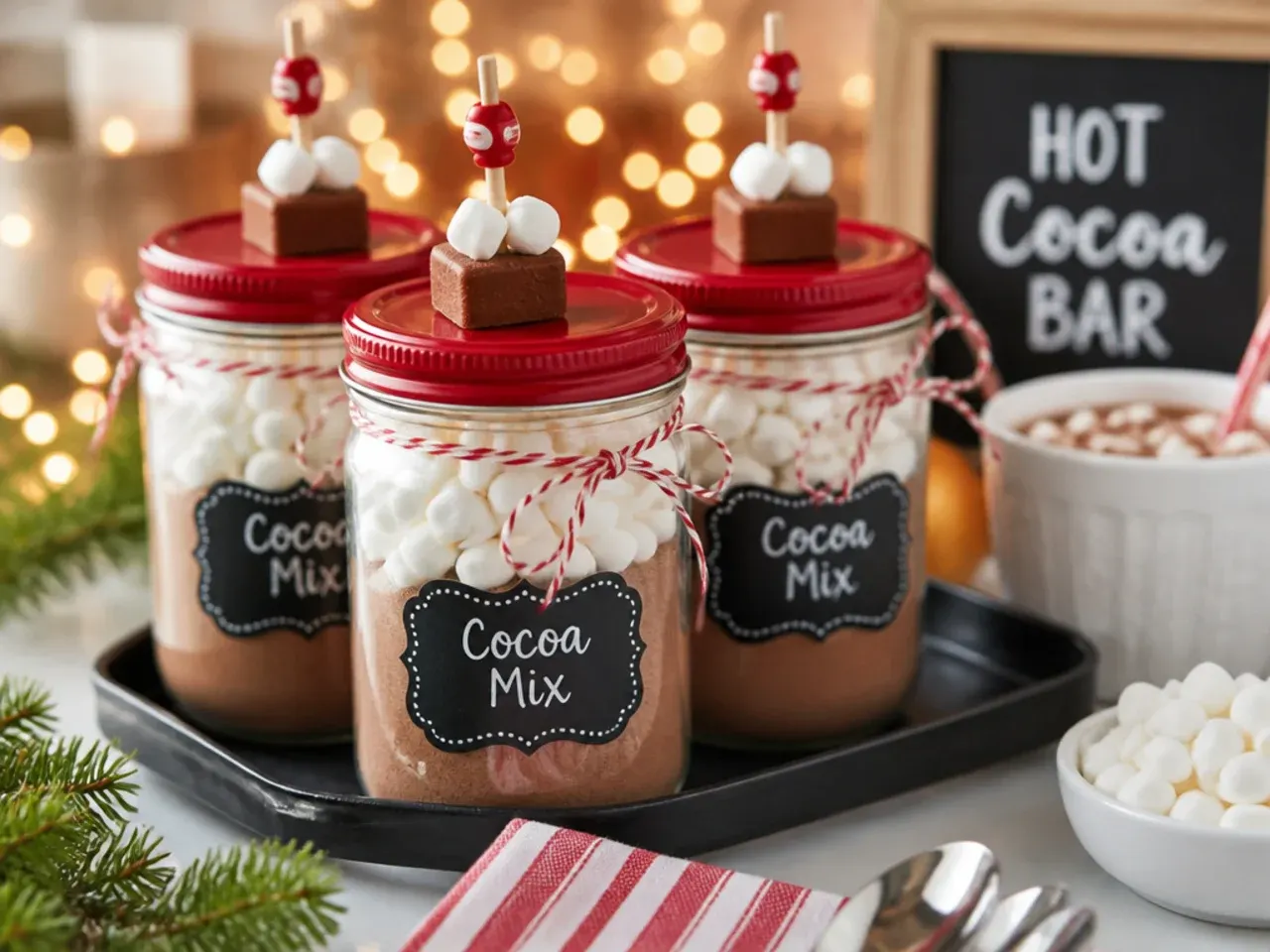 A layered jar of homemade hot cocoa mix with a scoop beside it