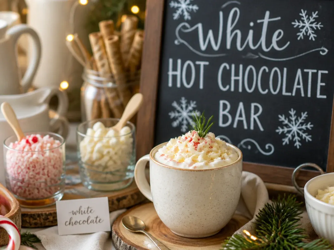 White hot chocolate in a mug topped with white chocolate curls