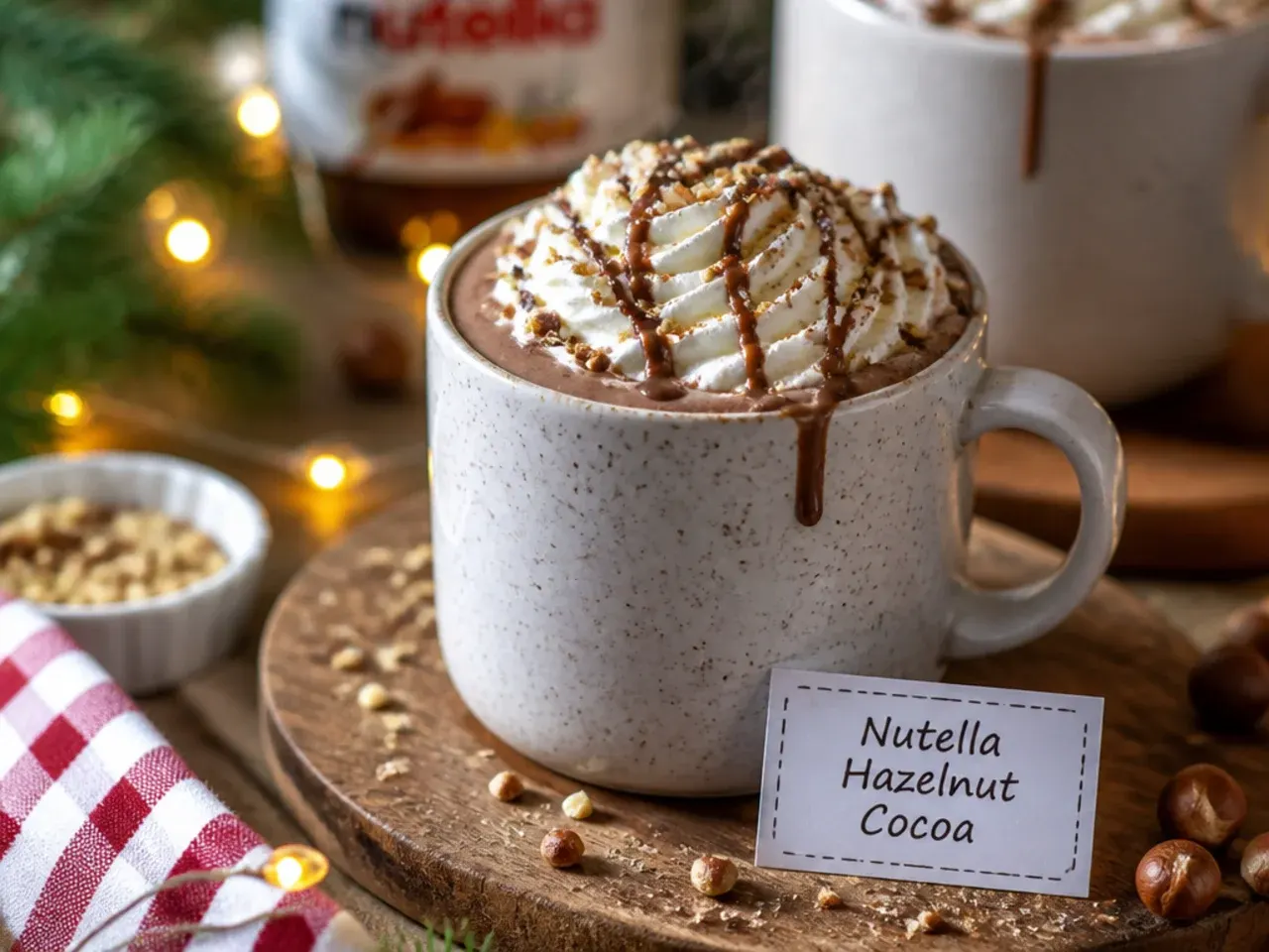 Hazelnut hot chocolate made with Nutella, topped with chopped toasted hazelnuts