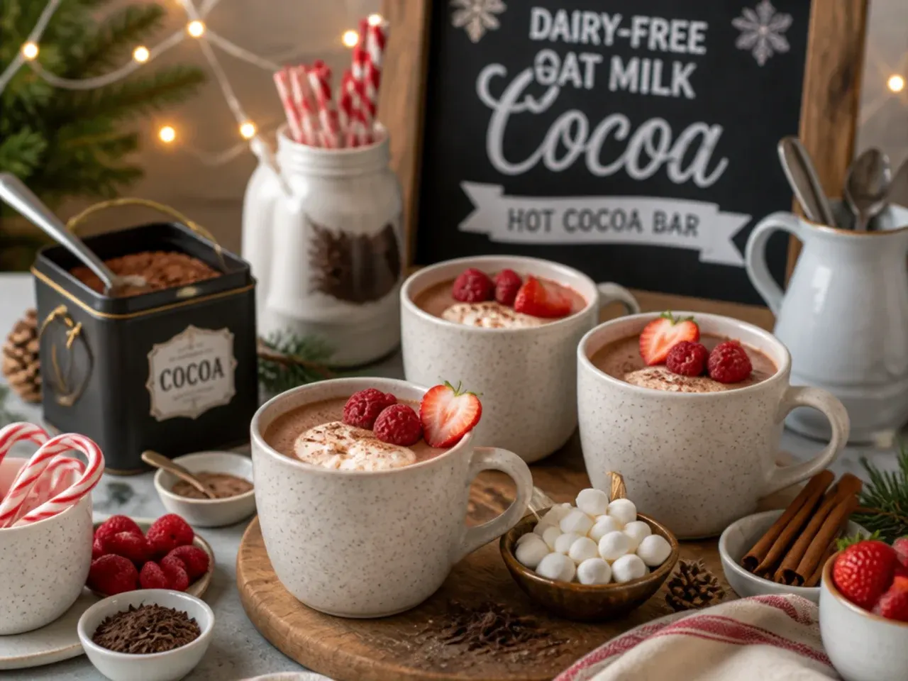 Oat milk hot cocoa in a mug with a small pitcher of oat milk beside it