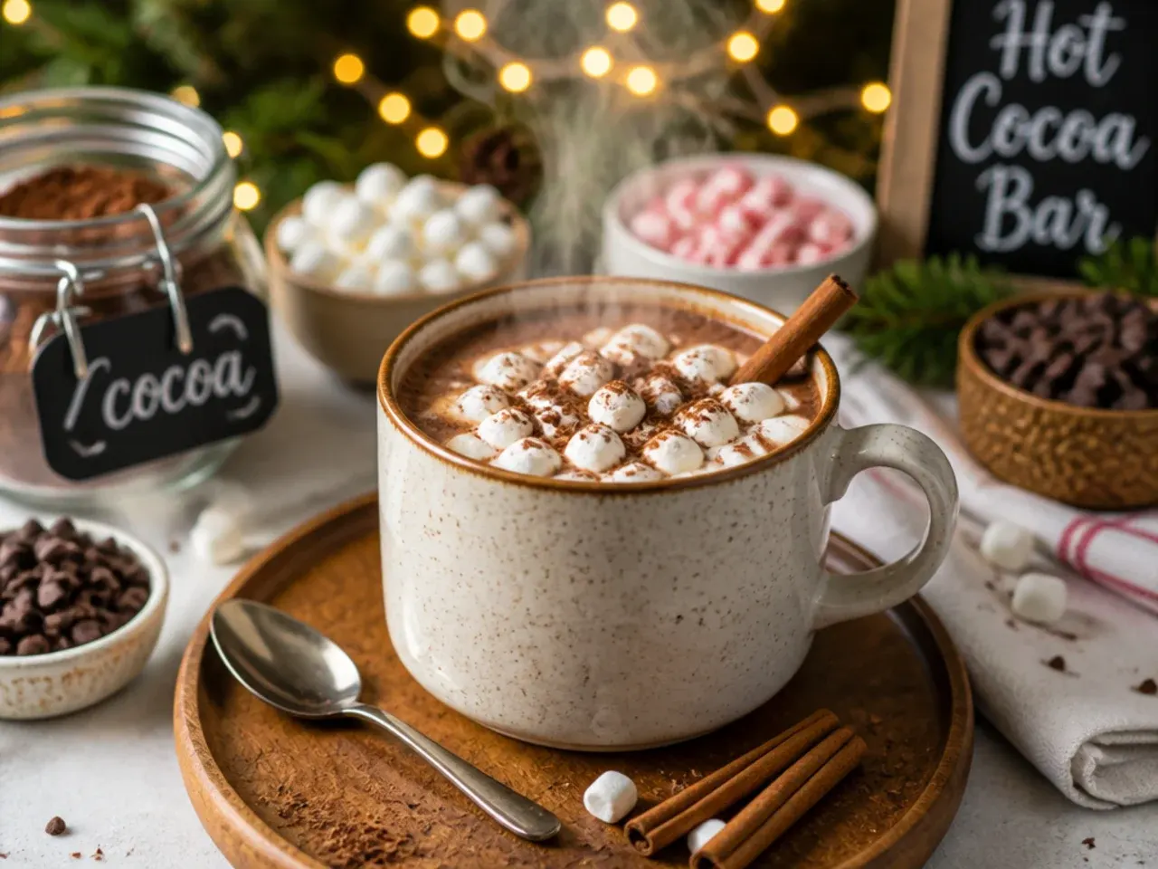 A row of hot cocoa toppings labelled with small cards on a party table