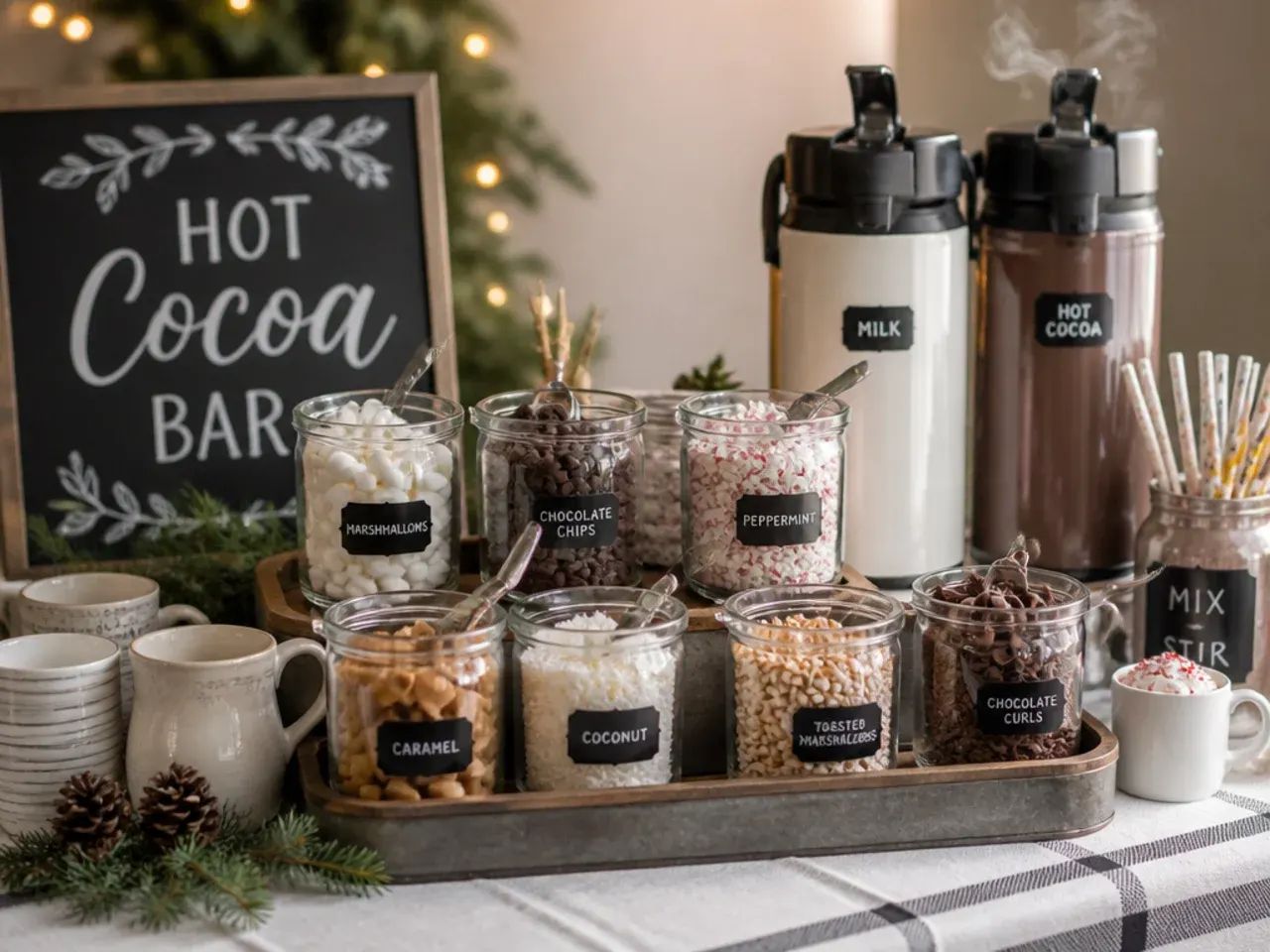 A container of hot cocoa base being reheated on the stove for a party