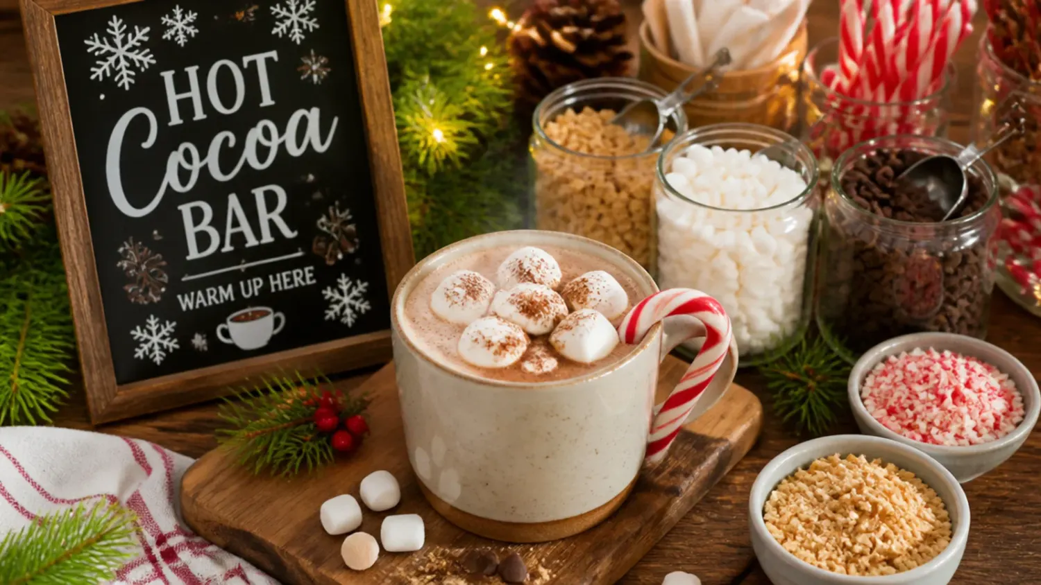 A wooden hot cocoa bar with a chalkboard sign, mugs, marshmallows and toppings laid out for a party