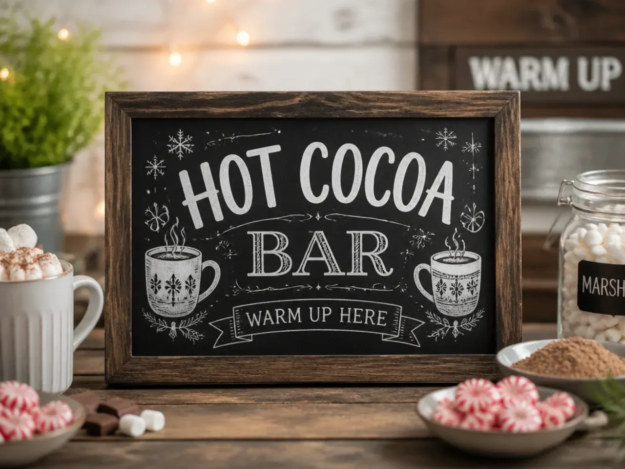 Close-up of a hot cocoa bar sign next to mugs and toppings