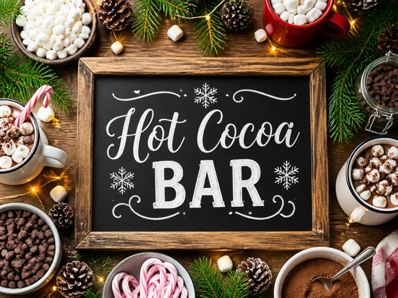 Chalkboard hot cocoa bar sign propped on a wooden easel