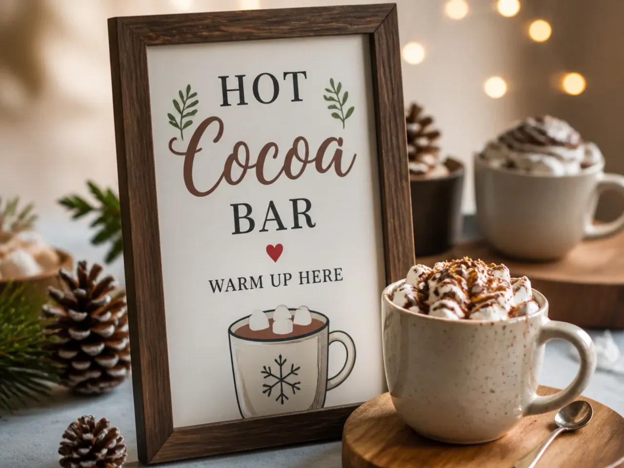 Framed printable hot cocoa bar sign standing on a serving tray