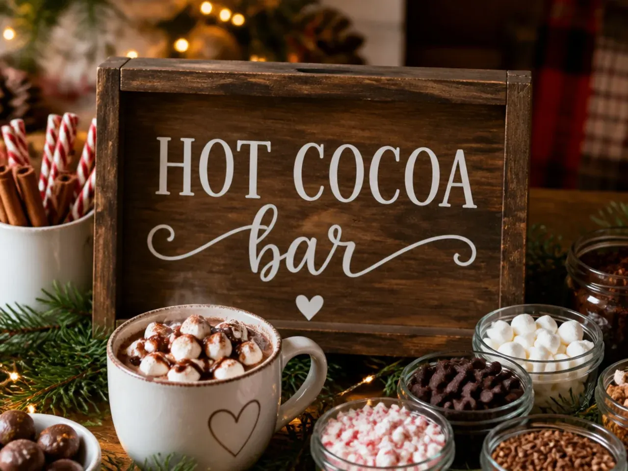 Rustic wood hot cocoa bar sign leaning against stacked mugs