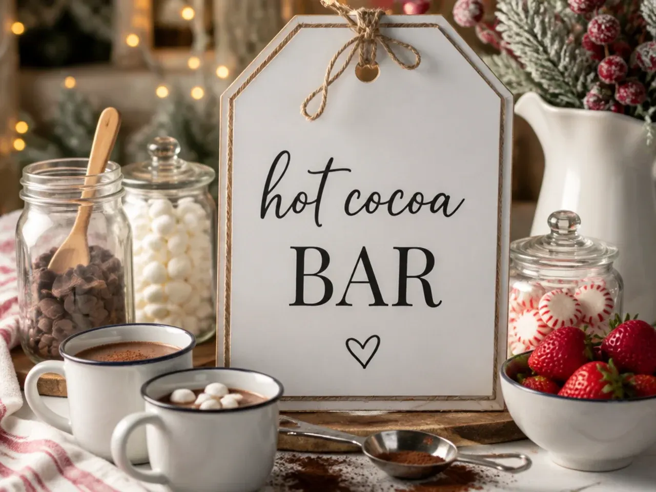 Small kraft paper tags labelling hot cocoa bar toppings in jars