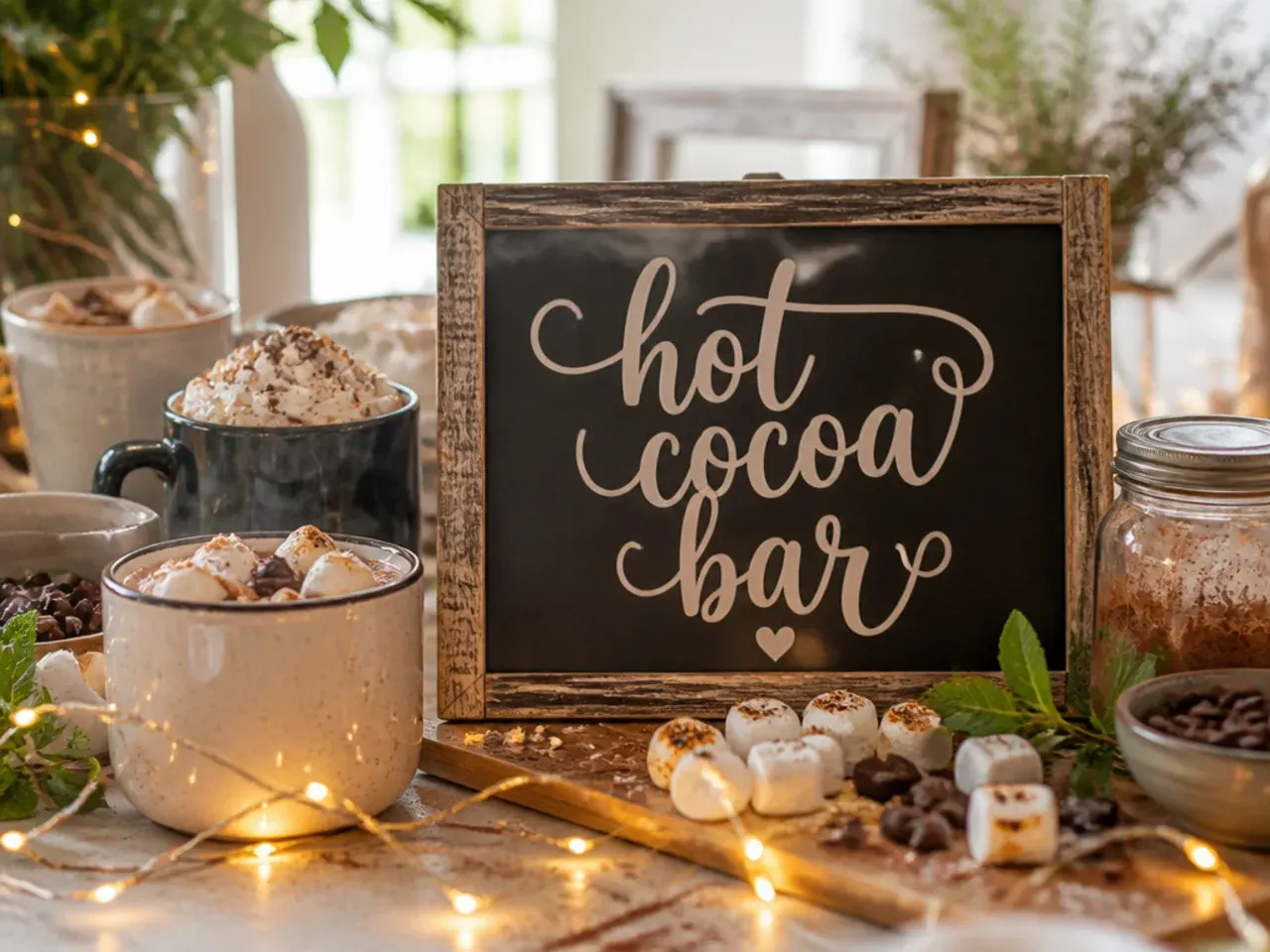 Elegant calligraphy hot cocoa bar sign in gold ink on black card