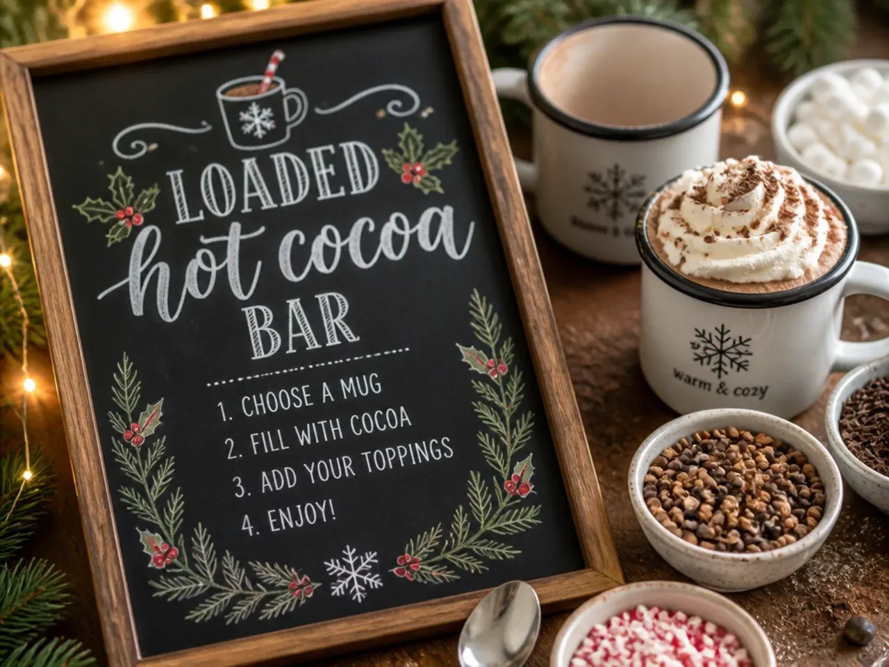 Menu-style hot cocoa bar sign listing flavours and toppings