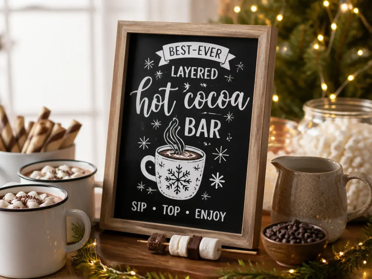 Layered hot cocoa bar display with a tall sign and smaller topping labels