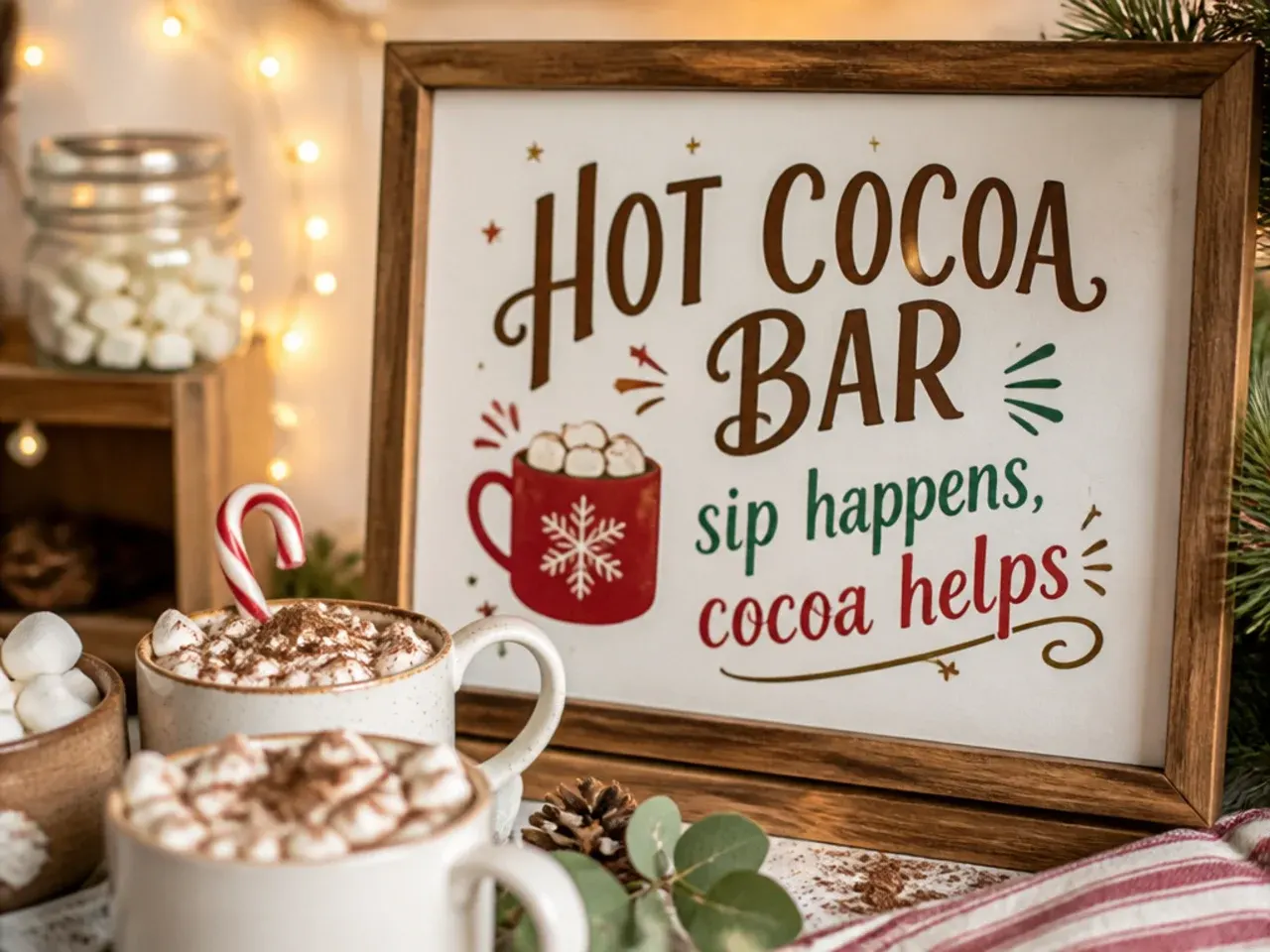 Playful hot cocoa bar sign with a snow-themed pun