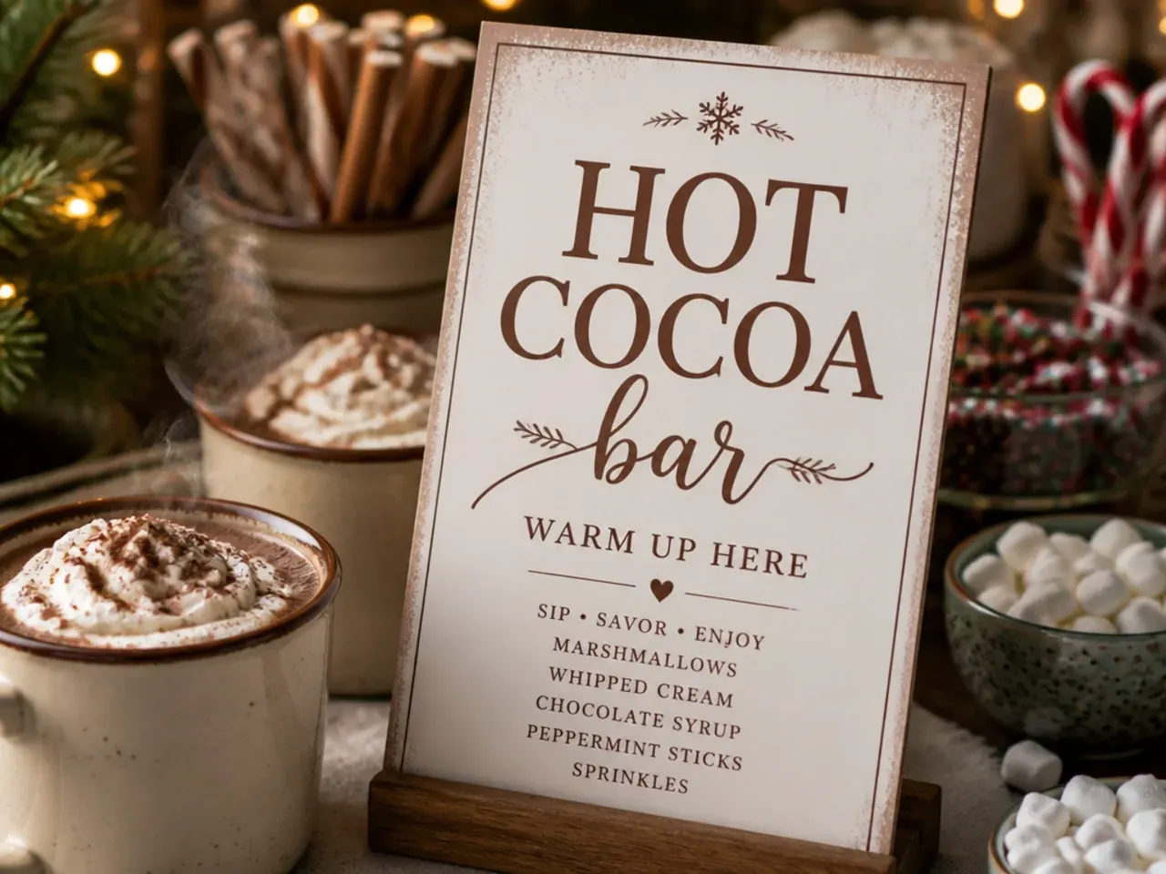 Laminated hot cocoa bar sign stored with holiday decorations