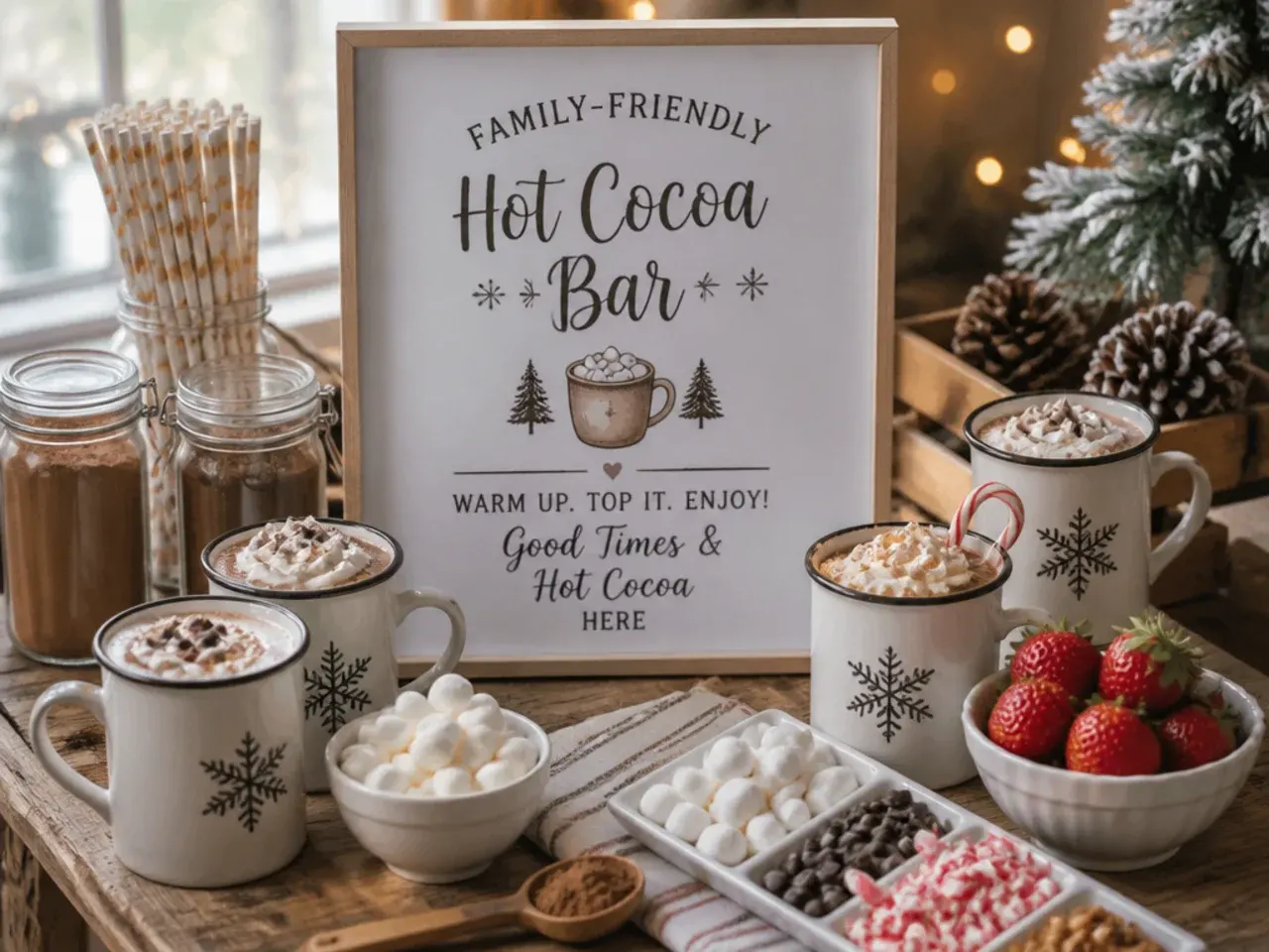 Child-friendly hot cocoa bar sign with simple picture labels