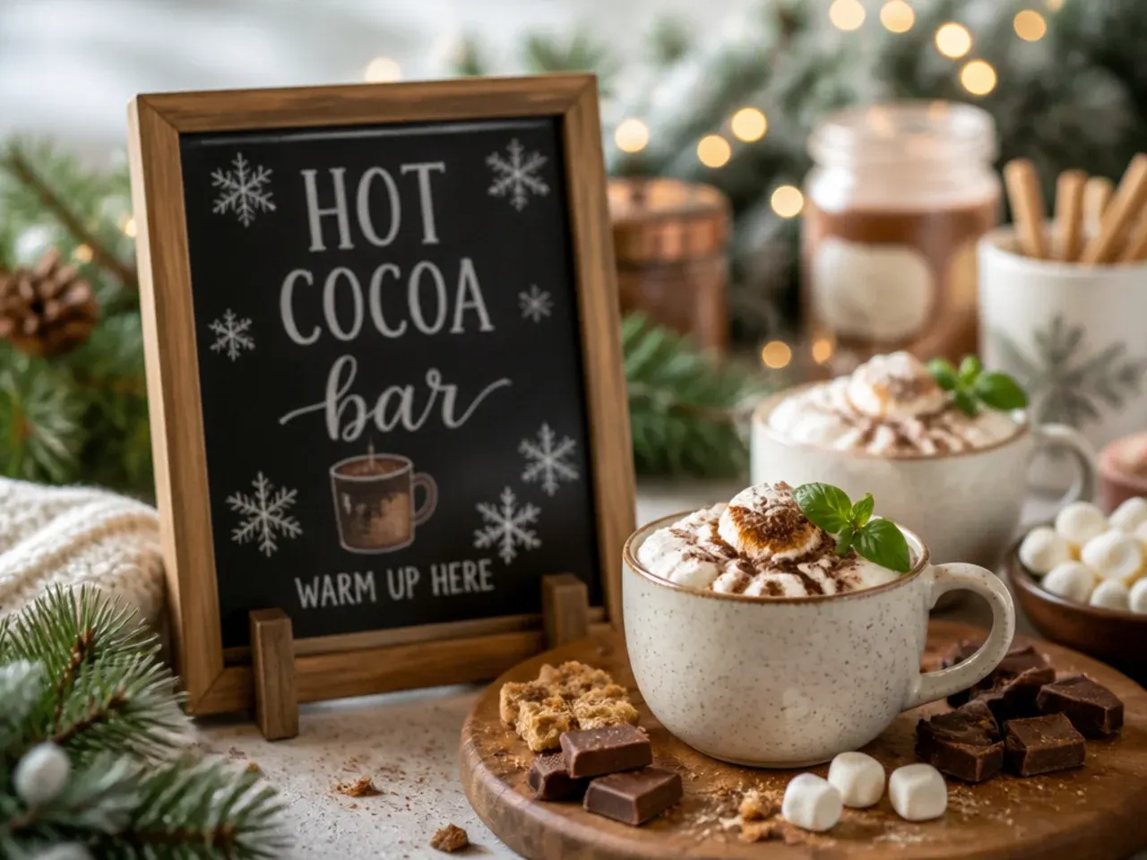 Festive red and green hot cocoa bar sign with holly trim