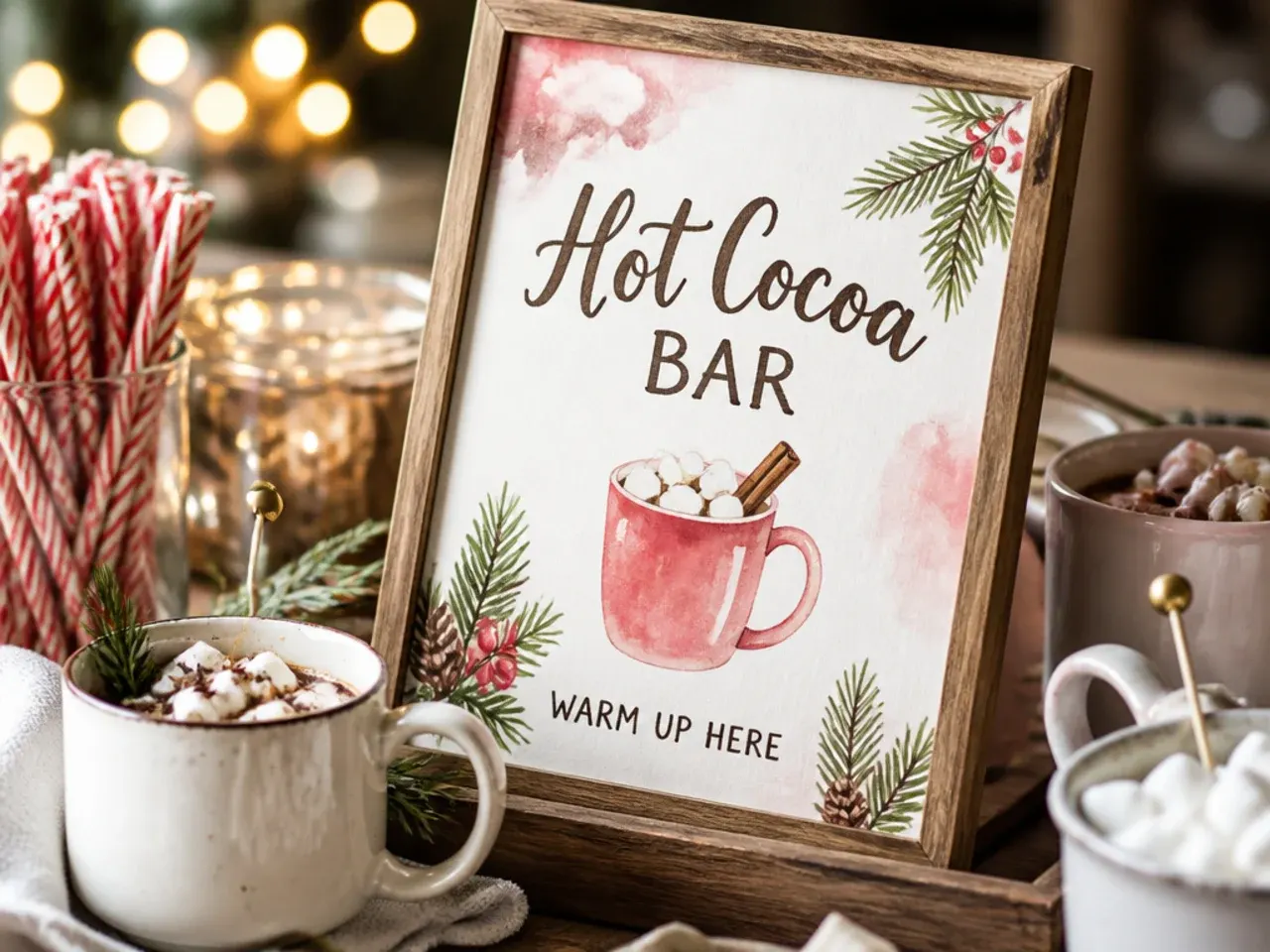 Watercolour hot cocoa bar sign with painted snowflakes and lettering